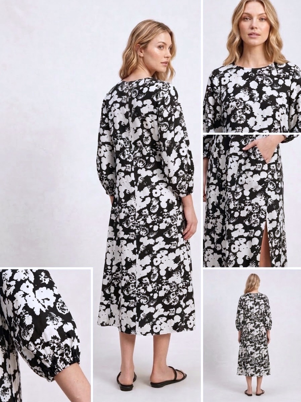 Everlane Flax Linen A-Line Midi Dress Black White Floral Side Pockets Size 10